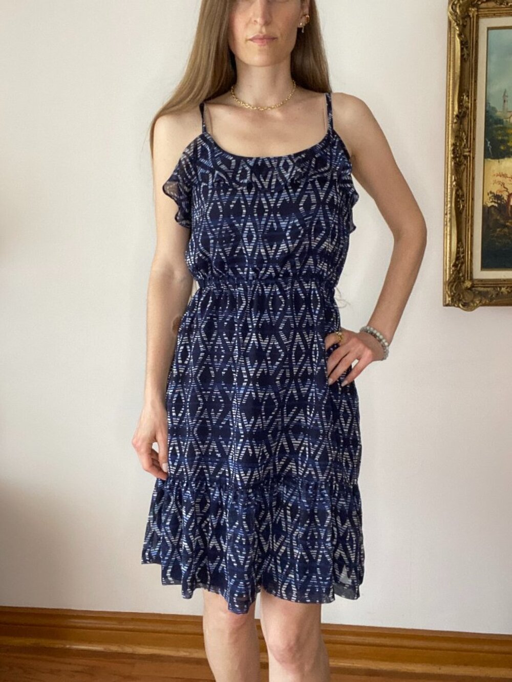 GAP Summer Dress, Navy Blue Diamond Ikat pattern
